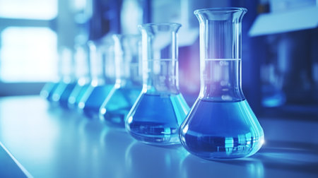 Laboratory flasks contain chemical liquid on white table in laboratory room. medical research and chemistry study conceptの素材