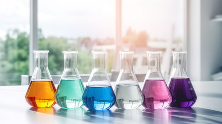 Laboratory flasks contain chemical liquid on white table in laboratory room. medical research and chemistry study conceptの素材