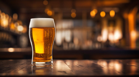 glass of beer on wooden table with blur pub backgroundの素材