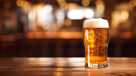 mugs of beer on wooden table with blur pub backgroundの素材