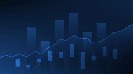 Financial business statistics with bar graph and candlestick chart show stock market price on dark blue backgroundのイラスト素材