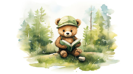 little bear reading a book with watercolor painting green leaves in forest on white background. generative AIの素材