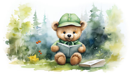 little bear reading a book with watercolor painting green leaves in forest on white background. generative AIの素材
