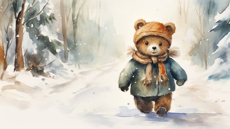 little bear walking in the winter forest with watercolor snow background. generative AIの素材