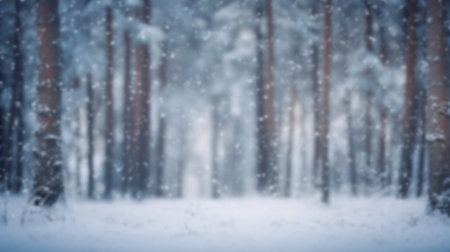 blur pine forest white snow falling background. festive winter seasonal Christmas and new year decoration concept. generative AIの素材