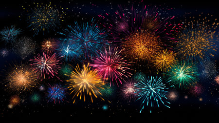 colorful fireworks on black background for festive celebration and decorative poster banner and greeting card design element . generative AIの素材
