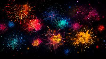colorful fireworks on black background for festive celebration and decorative poster banner and greeting card design element . generative AIの素材