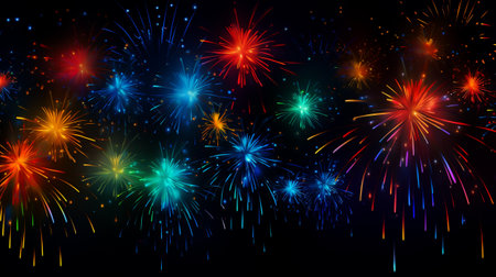 colorful fireworks on black background for festive celebration and decorative poster banner and greeting card design element . generative AIの素材