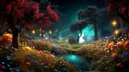 fantasy forest fairy tale background. tree with colorful lighting. dreamy woods landscape scene. generative AIの素材