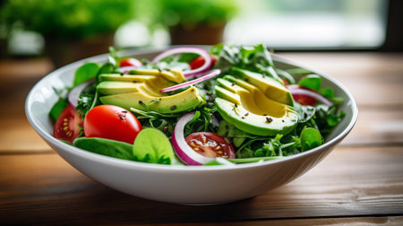 salad with various types of vegetables in a bowl on wooden table. healthy food for diet and wellness. generative AIの素材
