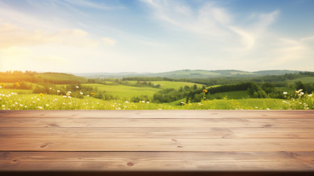 blank wooden table top with blur green meadow view for organic product advertising backgroundの素材
