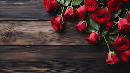 red roses on brown wooden table background with copy space for decorative design element. generative AIの素材