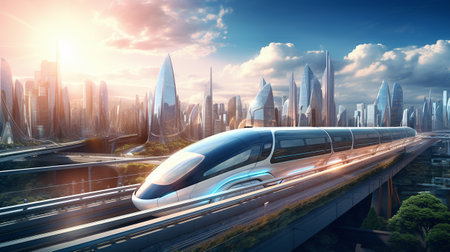 high speed train with futuristic city background modern public transportation. generative AIの素材