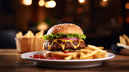 burger with blur fries and glass of beer on table. generative AIの素材