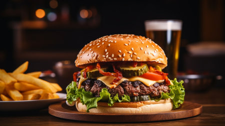 burger with blur fries and glass of beer on table. generative AIの素材