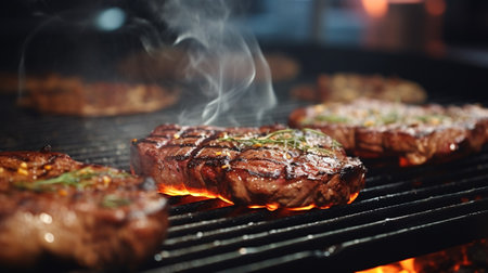 smoky flavor beef steak grilled in kitchen with blur background. generative AIの素材