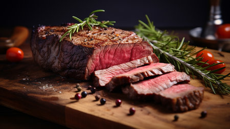 sliced beef steak on wooden board. generative AIの素材