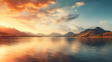 landscape scene with serene lake and mountain background and sunsetの素材