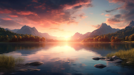 landscape scene with serene lake and mountain background and sunsetの素材