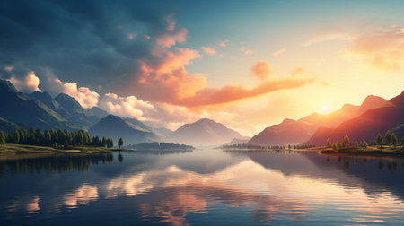 landscape scene with serene lake and mountain background and sunsetの素材