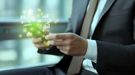 businessman pushing a button on smartphone touch screen with virtual application symbolsの素材