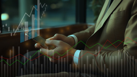businessman hand with smartphone and bar chart show financial data. business strategy planning and management background conceptの素材