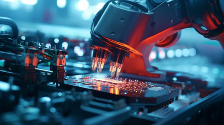 robotic arm working in hi tech factory for complex product assembly automationの素材