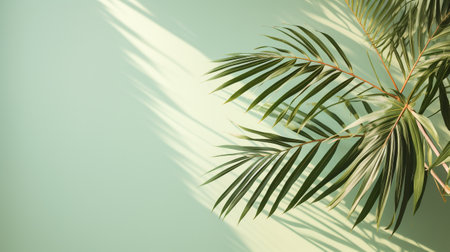 palm leaves with shadow on green background with copy space for design element. summer banner and backdrop conceptの素材