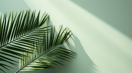 palm leaves with shadow on green background with copy space for design element. summer banner and backdrop conceptの素材