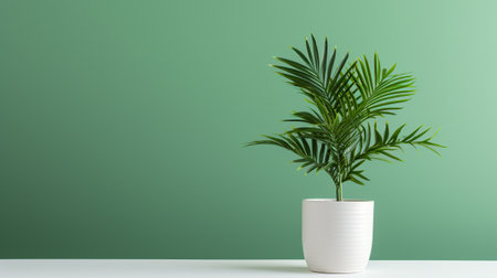 little palm tree in white pot with copy space on green background. house decoration conceptの素材