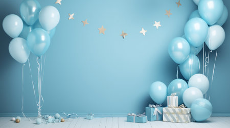 festive birthday party background with festive blue balloons decorationの素材