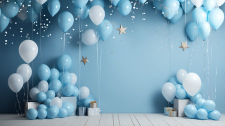 festive birthday party background with festive blue balloons decorationの素材