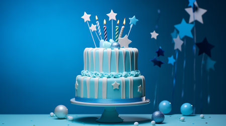 happy birthday cake on blue background with beautiful ornamentの素材