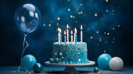 happy birthday cake on blue background with beautiful ornamentの素材