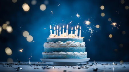 happy birthday cake on blue background with beautiful ornamentの素材