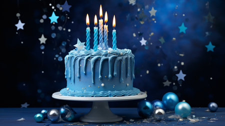 happy birthday cake on blue background with beautiful ornamentの素材