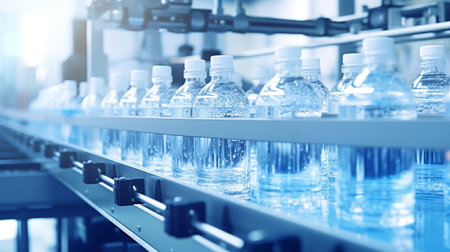 water bottling production line in factory. efficient operations management conceptの素材