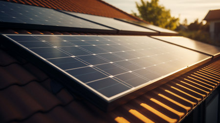 solar panel on house roof with sunlight in a afternoon. alternative energy conceptの素材