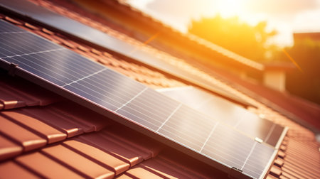 solar panel on house roof with sunlight in a afternoon. alternative energy conceptの素材