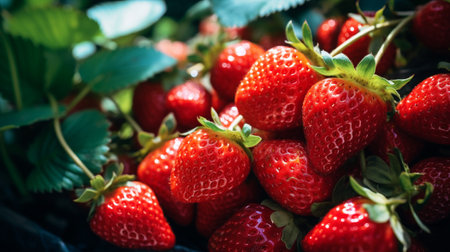 red strawberries in the gardenの素材