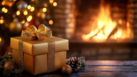 Gift box with golden bow in front of fireplace and Christmas treeの素材