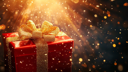 Gift box with golden bow on bokeh lights background.の素材