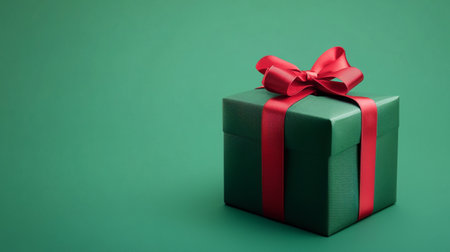 Green gift box with red bow on a green background. Copy space.の素材