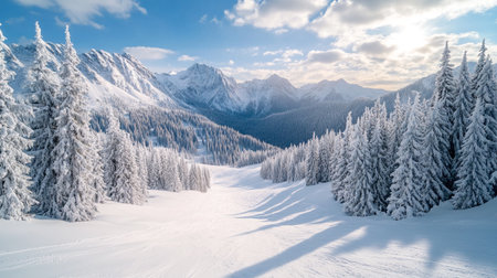 Beautiful winter panorama with snow covered trees in the mountains.の素材