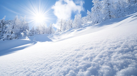Beautiful winter landscape with snow covered trees and sun in the mountainsの素材