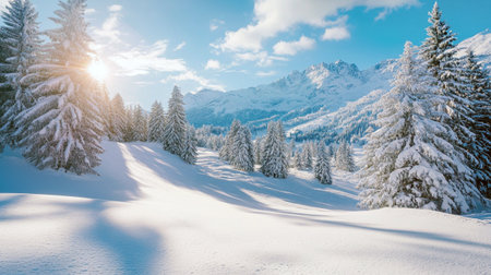 Beautiful winter landscape with snow covered fir trees in the mountains.の素材