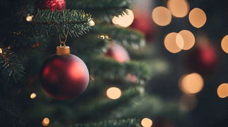 Christmas tree with ornaments on blurred bokeh background.の素材