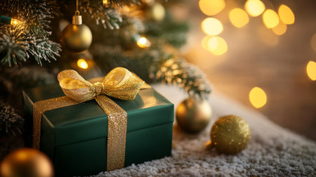 Christmas decoration with gift box and christmas tree on wooden background.の素材