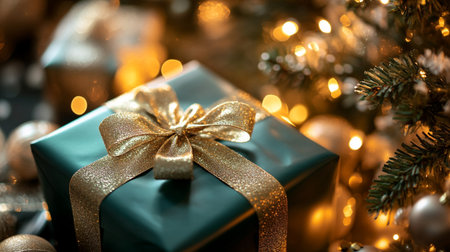 Christmas gift boxes with golden ribbon on blurred bokeh background.の素材