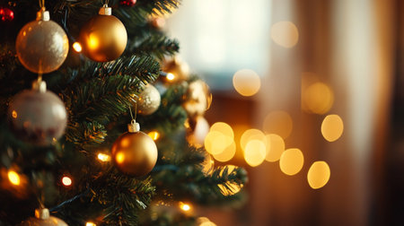 Christmas tree with golden baubles on bokeh lights backgroundの素材